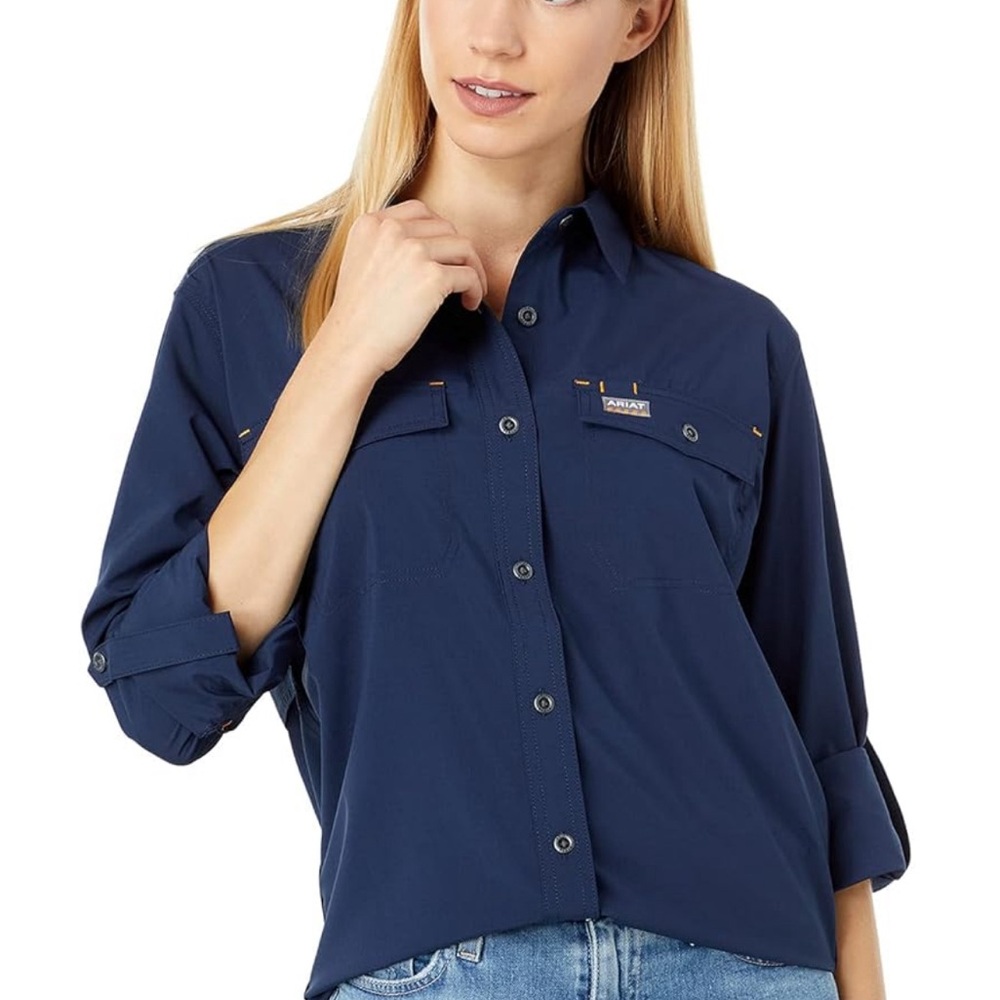 M Messy Women's Navy Shirt with Picket 3/4 Sleeve labelled as XL, but it fits M